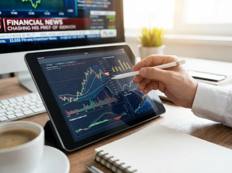 AI-powered trading dashboard showing real-time market predictions, stock analysis, and algorithmic signal visualizations for traders