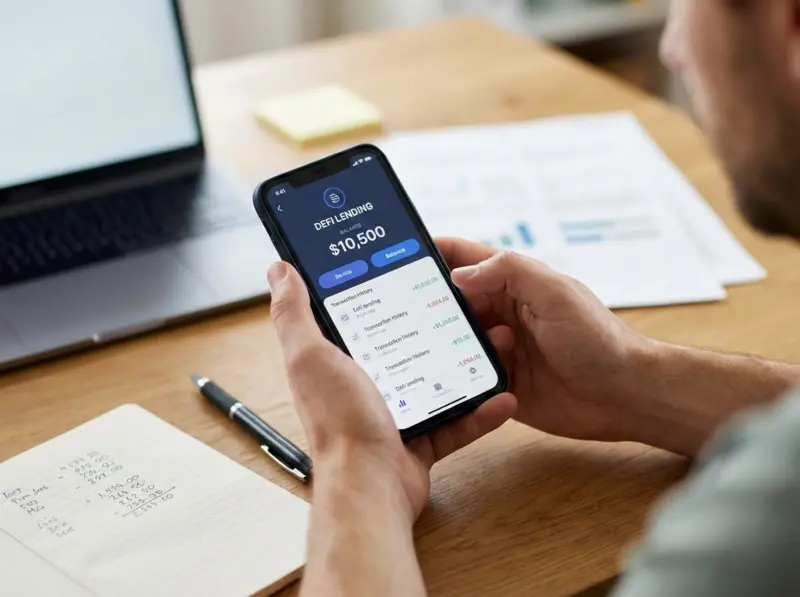 DeFi lending platform interface displaying smart contract operations, collateral management dashboard, and real-time yield analytics for blockchain-based borrowing