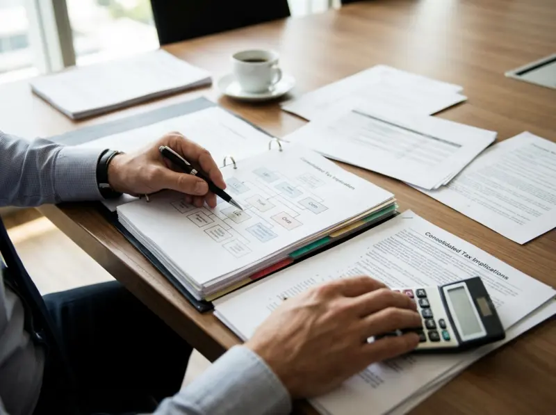 Corporate structure diagram showing interconnected business entities with coordinated tax planning strategy across multiple jurisdictions